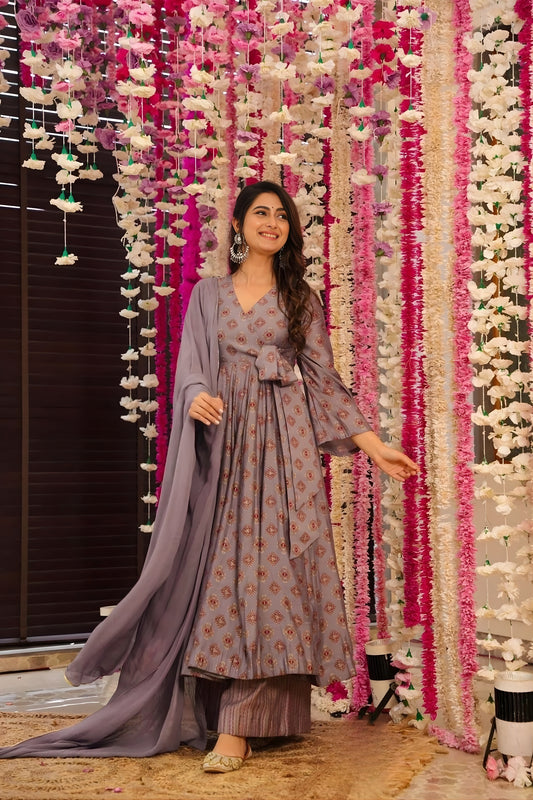 Stylish Brown Muslin Digital Printed Anarkali Salwar Suit with Dupatta