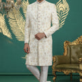 Stunning Cream Art Silk Embroidered Sherwani with White Churidar for Wedding