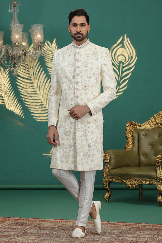 Stunning Cream Art Silk Embroidered Sherwani with White Churidar for Wedding