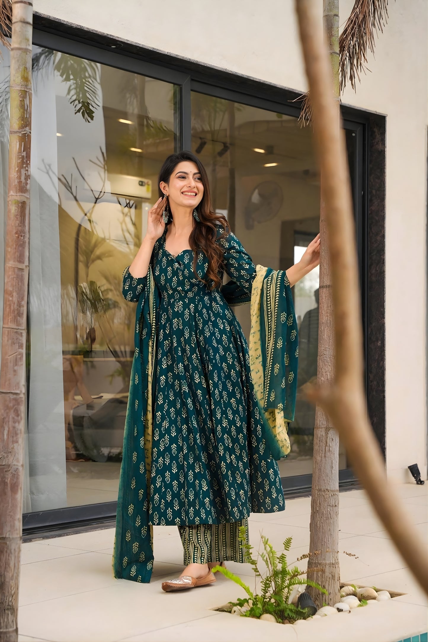 Fancy Dark Green Muslin Digital Printed Anarkali Salwar Suit with Dupatta