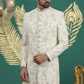 Stunning Cream Art Silk Embroidered Sherwani with White Churidar for Wedding