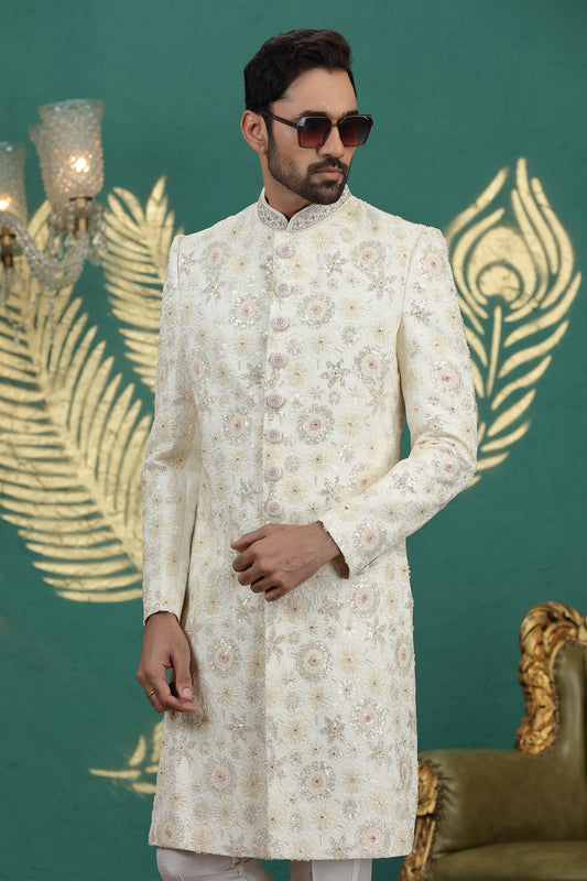 Stunning Cream Art Silk Embroidered Sherwani with White Churidar for Wedding