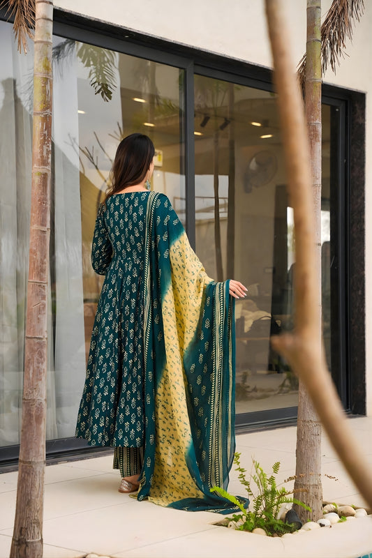 Fancy Dark Green Muslin Digital Printed Anarkali Salwar Suit with Dupatta