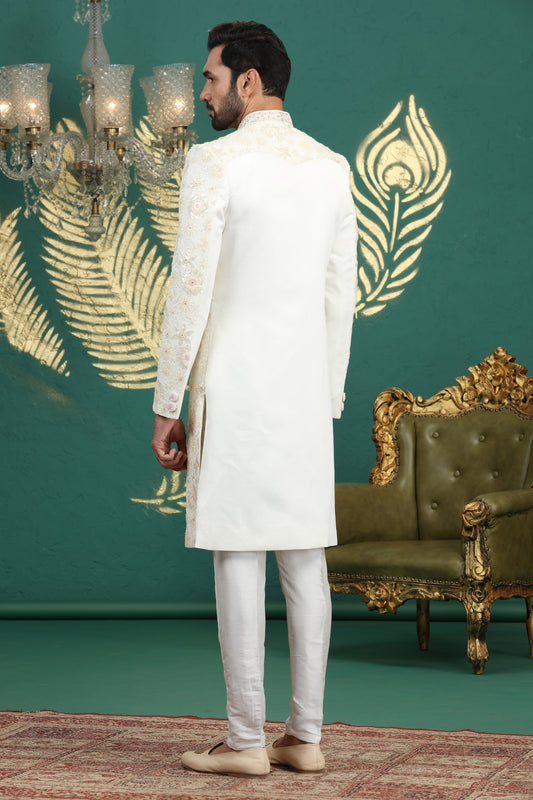 Stunning Cream Art Silk Embroidered Sherwani with White Churidar for Wedding