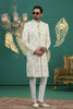 Stunning Cream Art Silk Embroidered Sherwani with White Churidar for Wedding