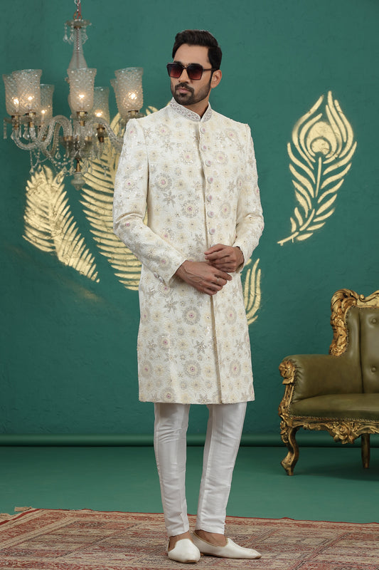Stunning Cream Art Silk Embroidered Sherwani with White Churidar for Wedding