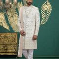 Lovely Cream Art Silk Embroidered Sherwani with Dupatta for Wedding