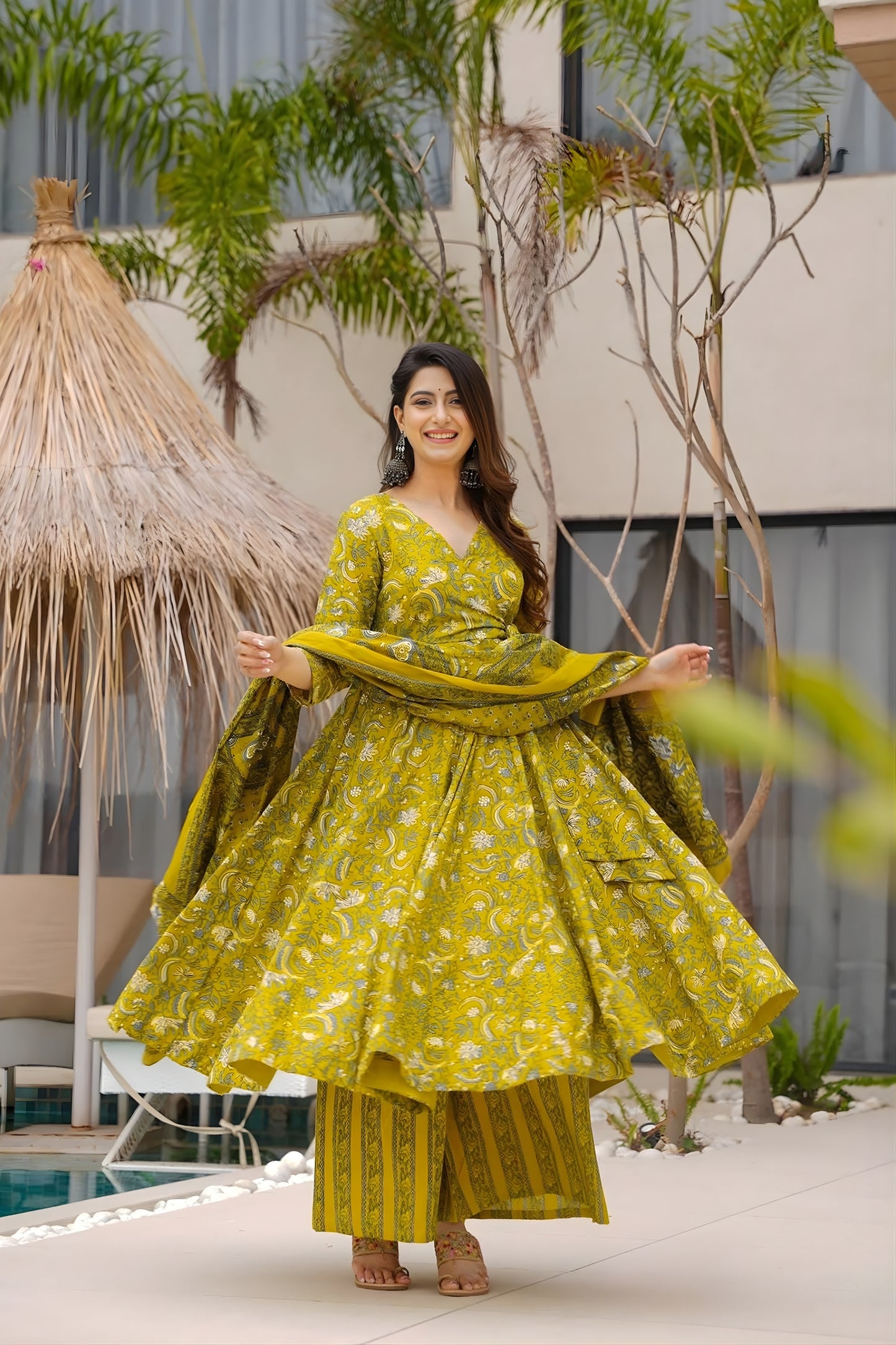 Refreshing Lime Green Muslin Digital Printed Anarkali Salwar Suit with Dupatta