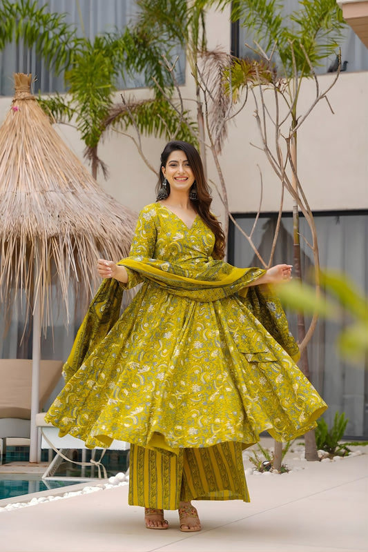 Refreshing Lime Green Muslin Digital Printed Anarkali Salwar Suit with Dupatta