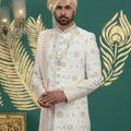 Lovely Cream Art Silk Embroidered Sherwani with Dupatta for Wedding