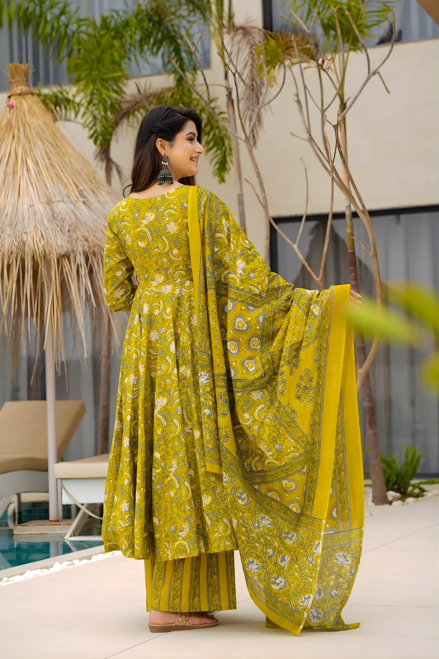 Refreshing Lime Green Muslin Digital Printed Anarkali Salwar Suit with Dupatta