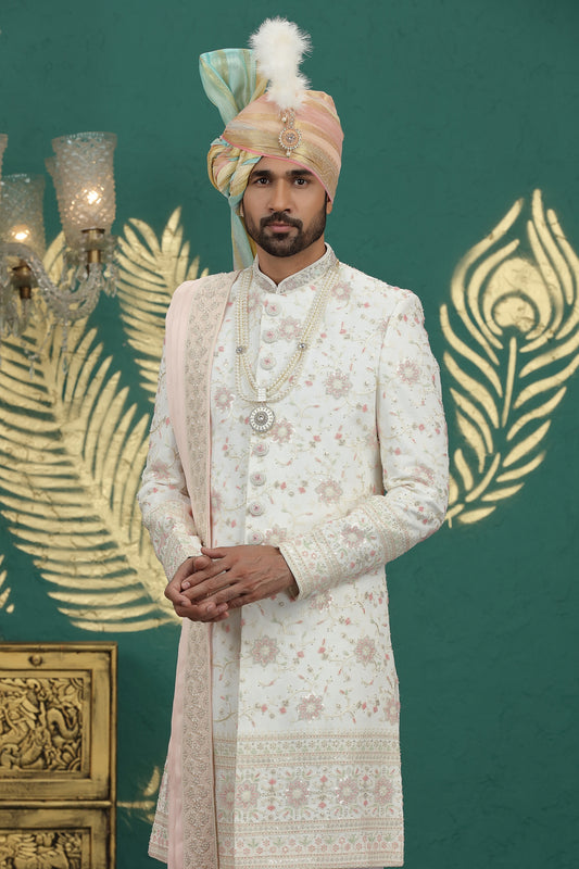 Lovely Cream Art Silk Embroidered Sherwani with Dupatta for Wedding