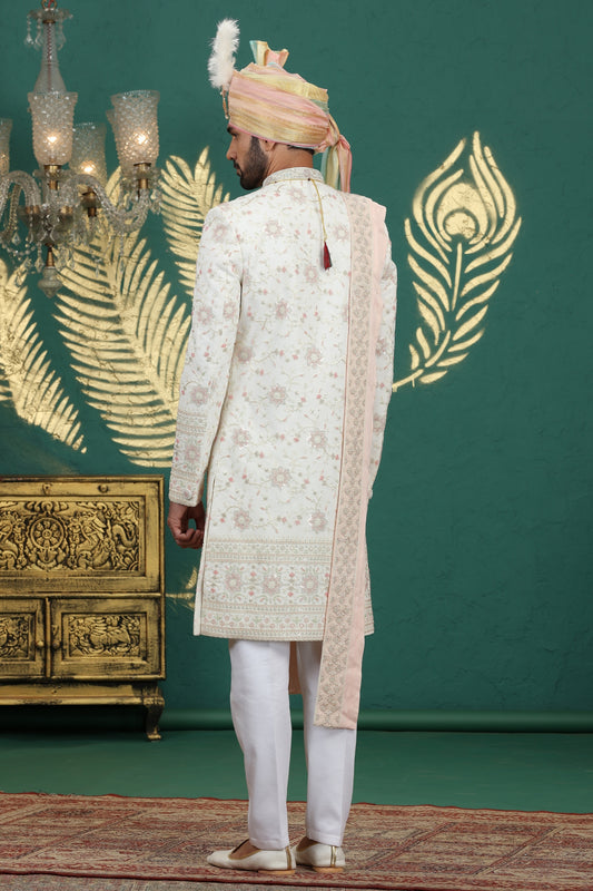 Lovely Cream Art Silk Embroidered Sherwani with Dupatta for Wedding