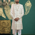 Lovely Cream Art Silk Embroidered Sherwani with Dupatta for Wedding