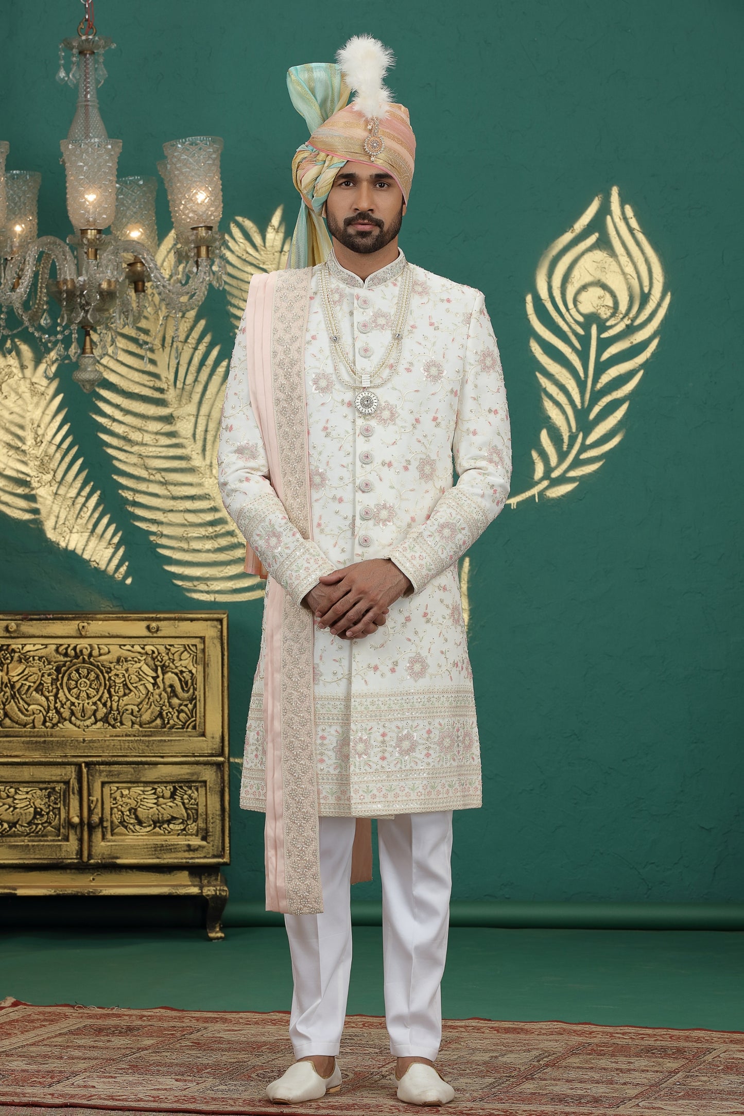 Lovely Cream Art Silk Embroidered Sherwani with Dupatta for Wedding