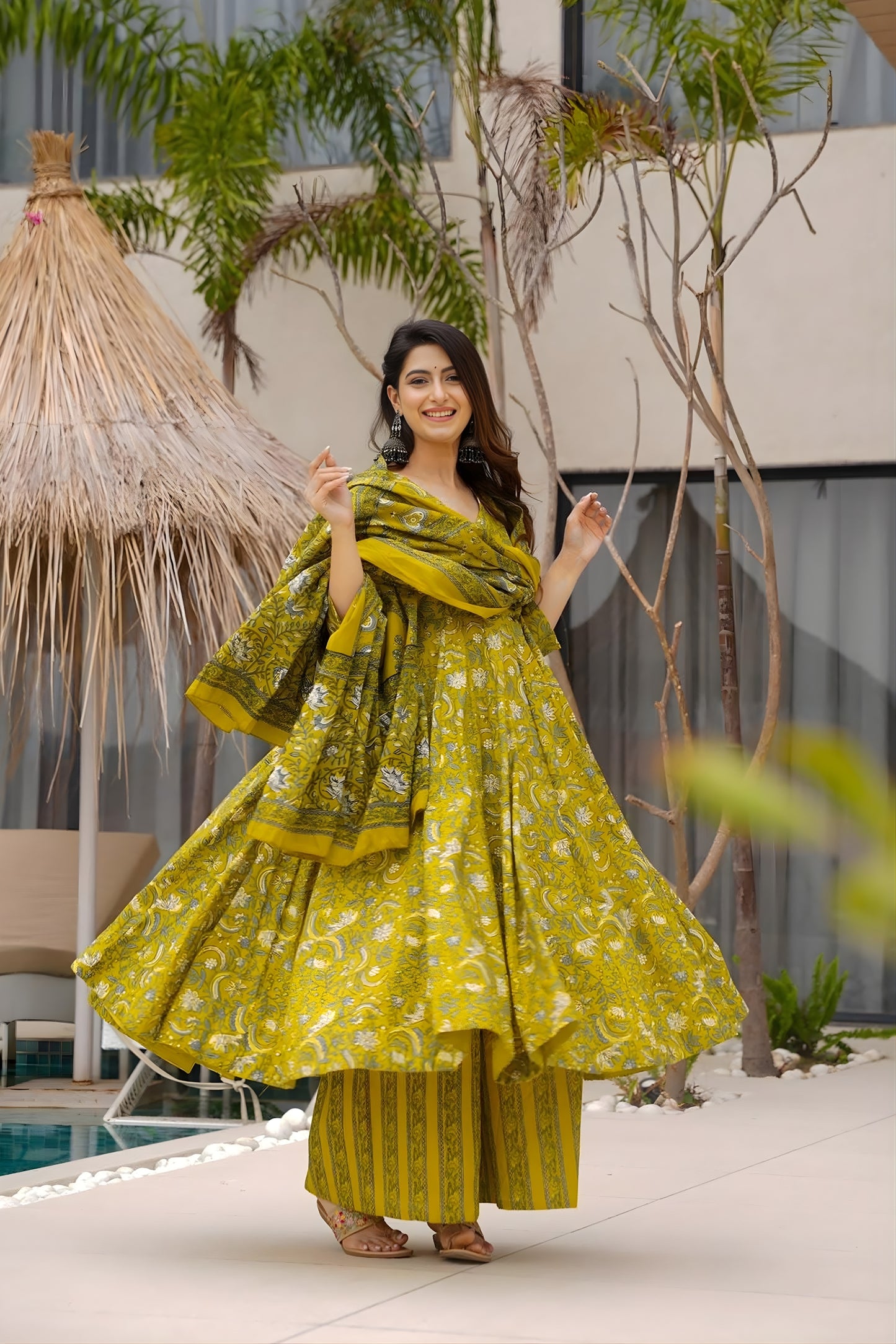 Refreshing Lime Green Muslin Digital Printed Anarkali Salwar Suit with Dupatta