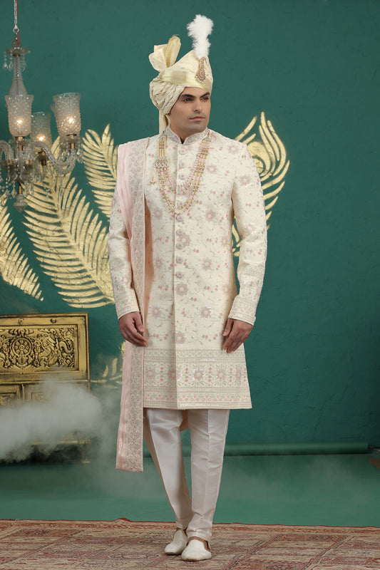 Fancy Cream Art Silk Embroidered Sherwani with Dupatta for Wedding