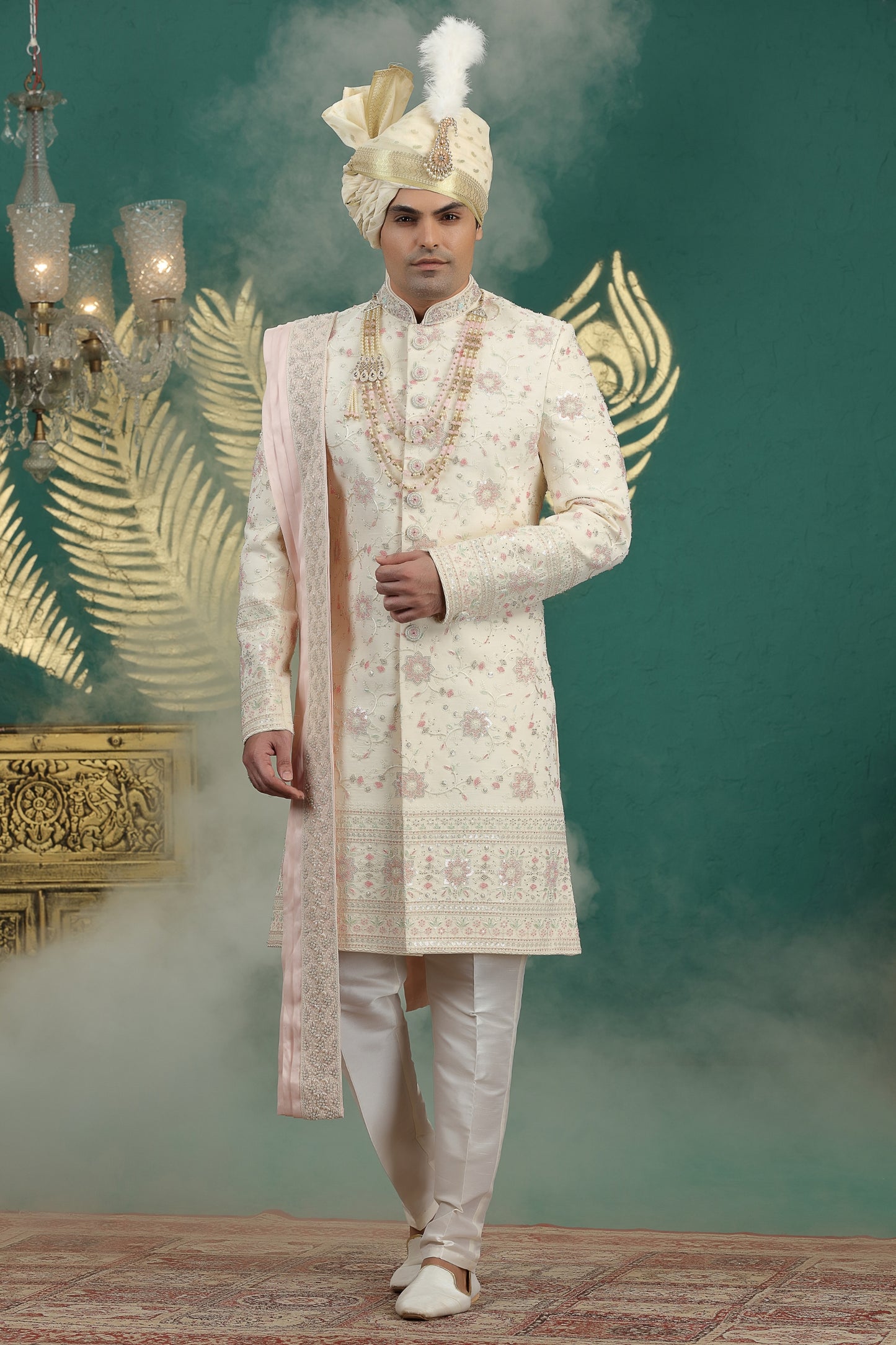 Fancy Cream Art Silk Embroidered Sherwani with Dupatta for Wedding