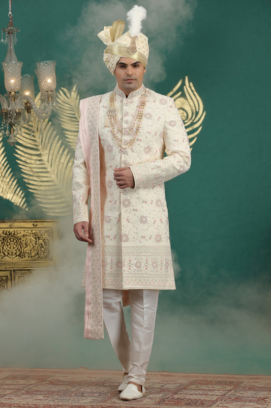 Fancy Cream Art Silk Embroidered Sherwani with Dupatta for Wedding
