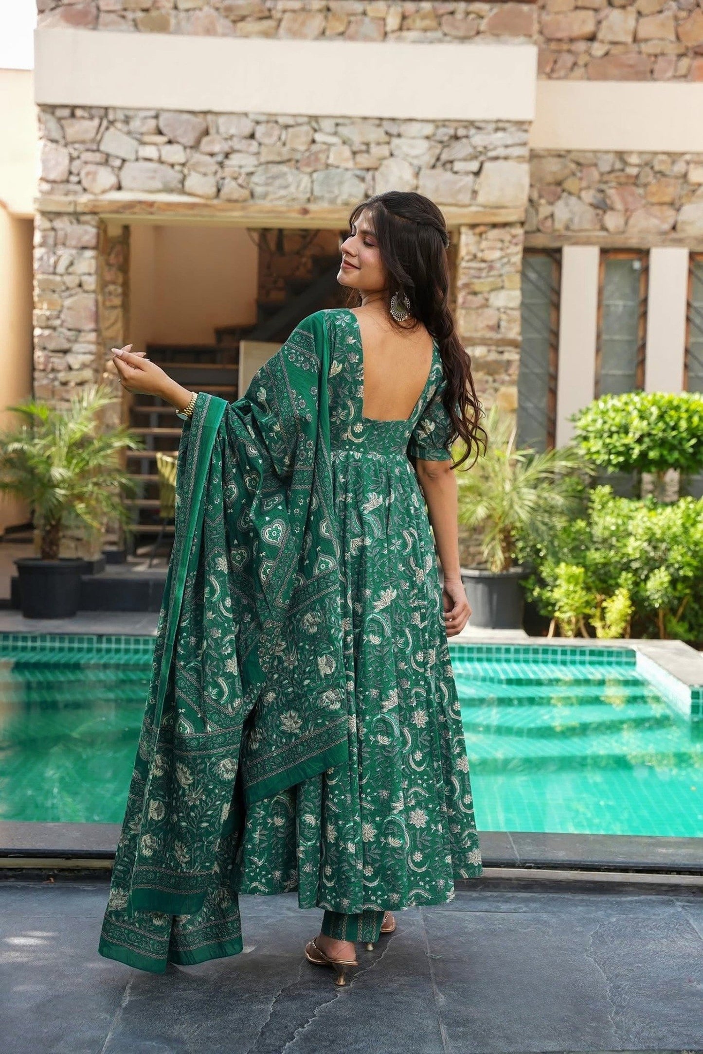 Simply Green Muslin Digital Printed Anarkali Salwar Suit with Dupatta