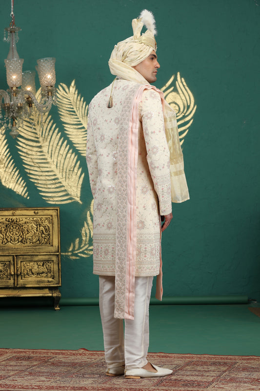 Fancy Cream Art Silk Embroidered Sherwani with Dupatta for Wedding