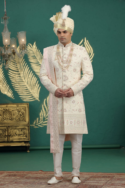 Fancy Cream Art Silk Embroidered Sherwani with Dupatta for Wedding
