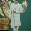 Luxury Mint Green Art Silk Embroidered Sherwani with Dupatta for Wedding