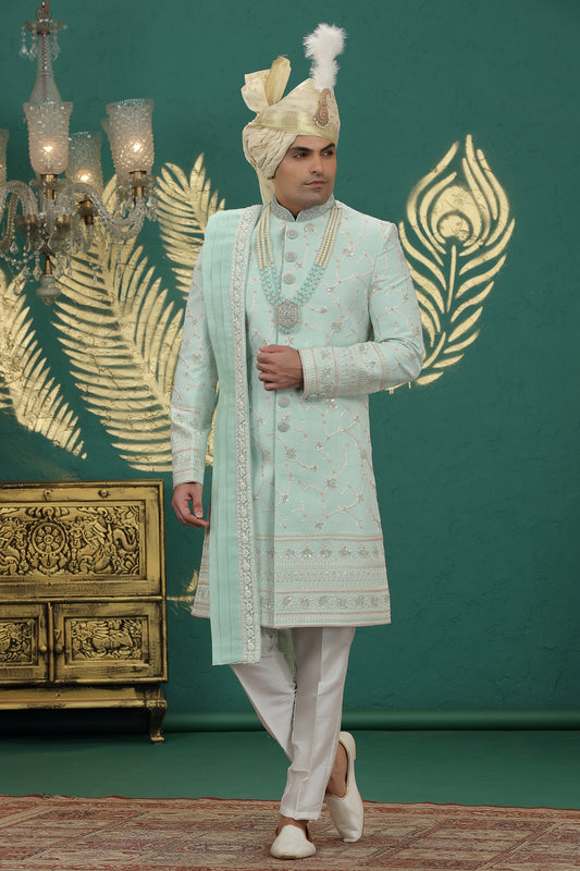 Luxury Mint Green Art Silk Embroidered Sherwani with Dupatta for Wedding