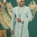 Luxury Mint Green Art Silk Embroidered Sherwani with Dupatta for Wedding