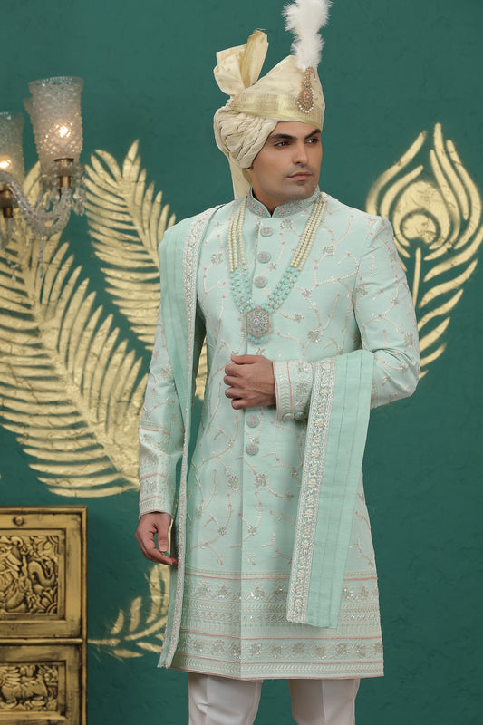 Luxury Mint Green Art Silk Embroidered Sherwani with Dupatta for Wedding