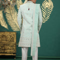 Luxury Mint Green Art Silk Embroidered Sherwani with Dupatta for Wedding