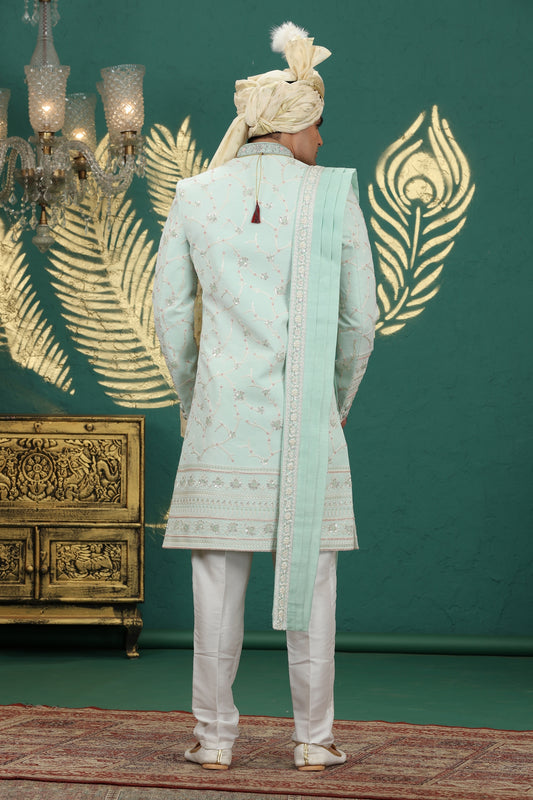 Luxury Mint Green Art Silk Embroidered Sherwani with Dupatta for Wedding