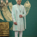 Luxury Mint Green Art Silk Embroidered Sherwani with Dupatta for Wedding