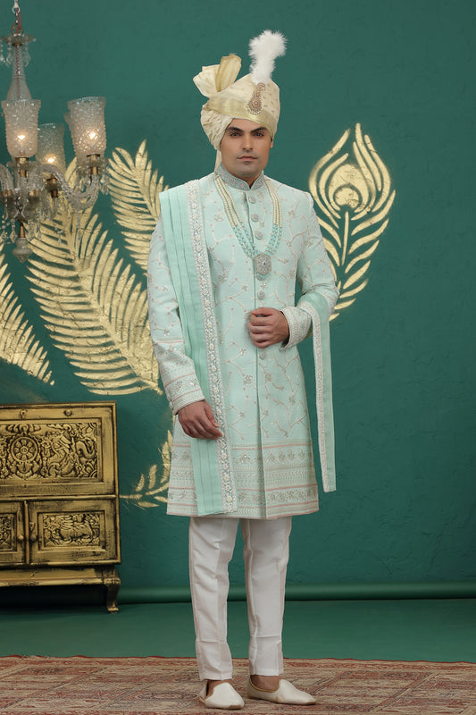Luxury Mint Green Art Silk Embroidered Sherwani with Dupatta for Wedding