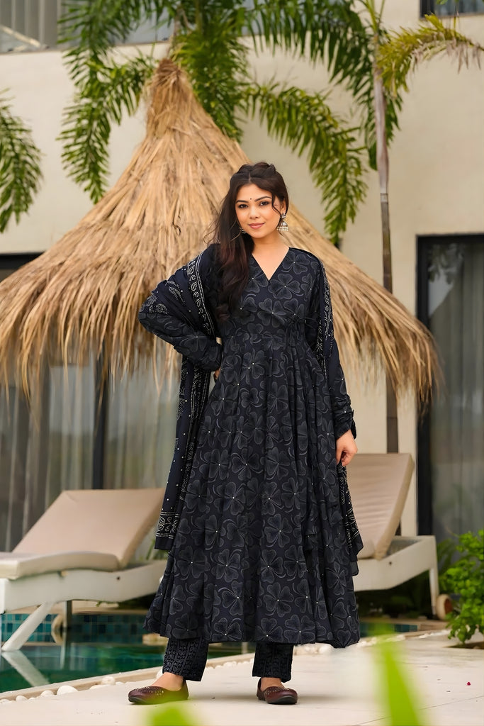 Stunning Black Muslin Digital Floral Printed Anarkali Salwar Suit with Dupatta