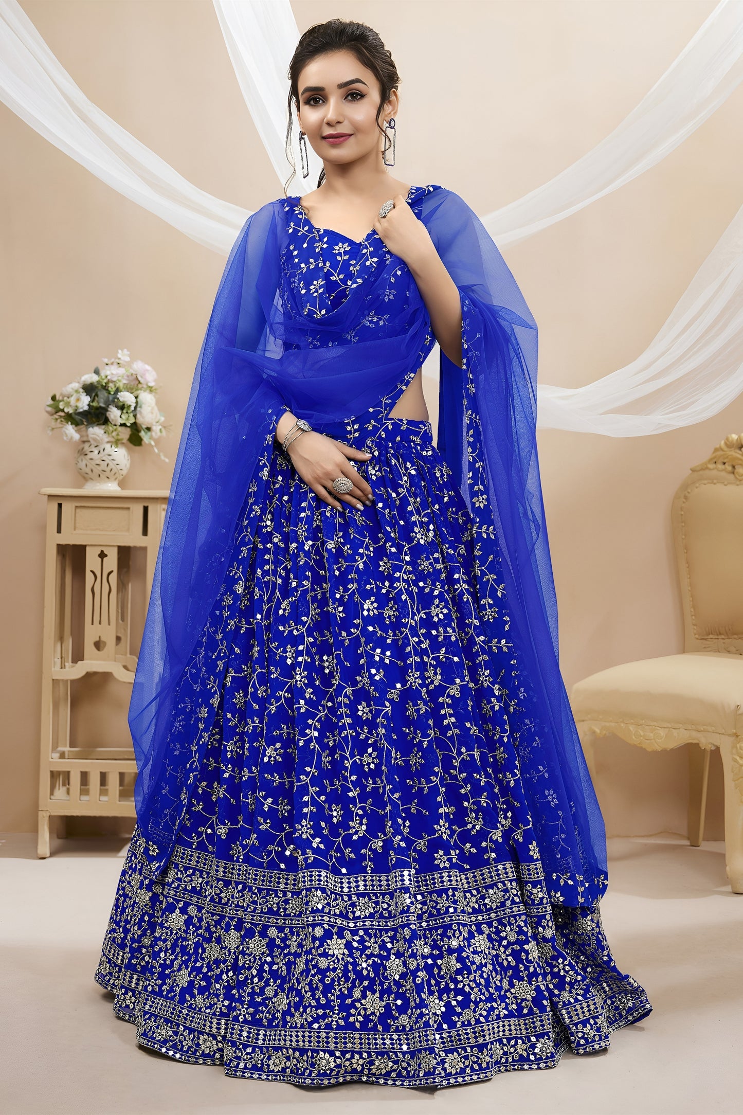 Stunning Royal Blue Georgette Designer Lehenga Choli with Embroidery Work and Matching Dupatta