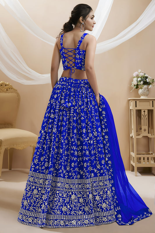 Stunning Royal Blue Georgette Designer Lehenga Choli with Embroidery Work and Matching Dupatta