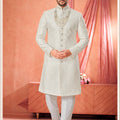 Designer Off-White Art Silk Embroidered Sherwani for Men with Pyjama for Wedding