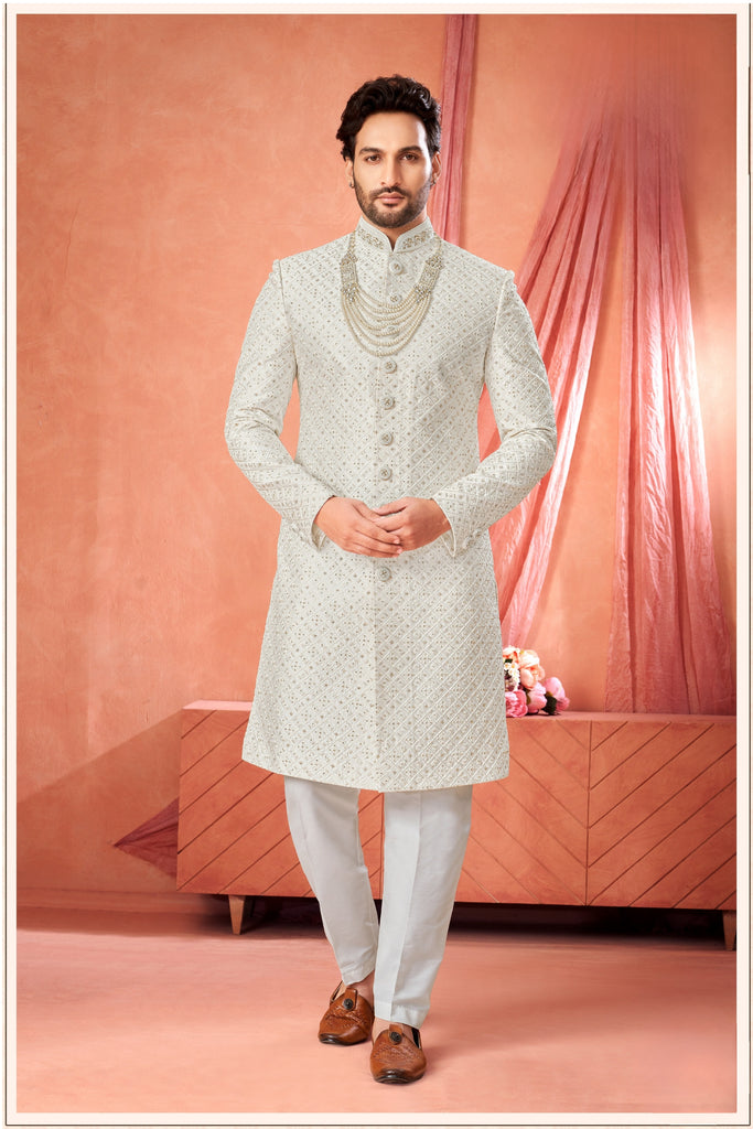 Designer Off-White Art Silk Embroidered Sherwani for Men with Pyjama for Wedding