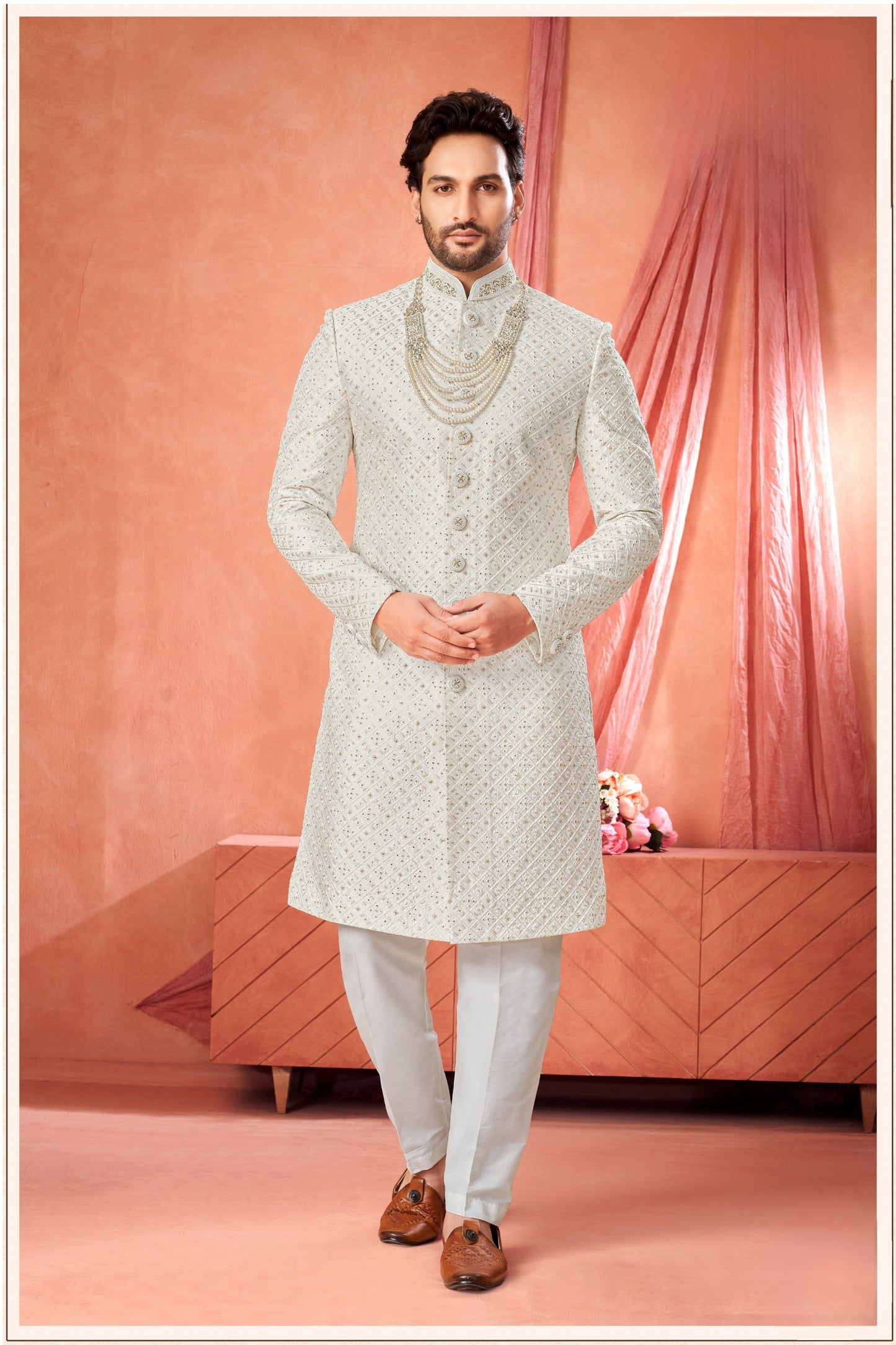 Designer Off-White Art Silk Embroidered Sherwani for Men with Pyjama for Wedding