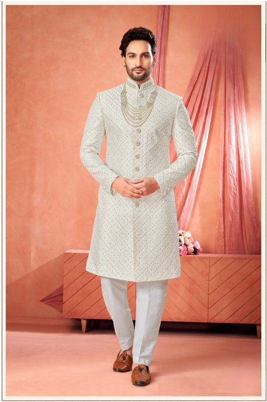 Designer Off-White Art Silk Embroidered Sherwani for Men with Pyjama for Wedding