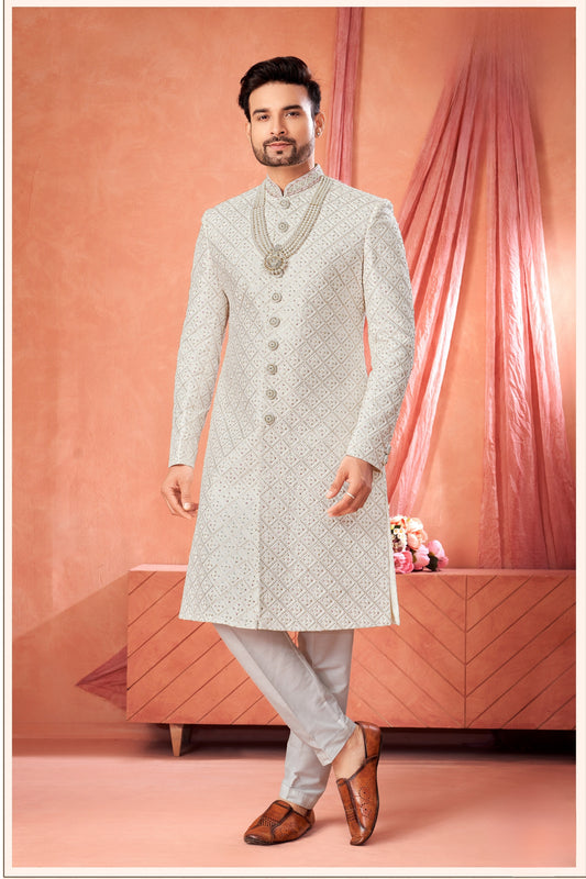 Stylish Off-White Art Silk Heavy Embroidered Sherwani for Men with Pyjama for Wedding