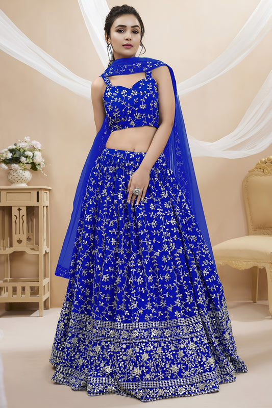 Stunning Royal Blue Georgette Designer Lehenga Choli with Embroidery Work and Matching Dupatta