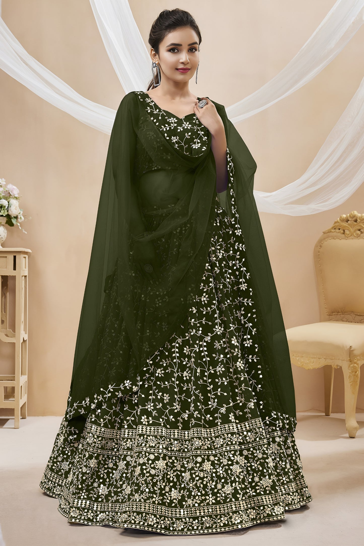 Elegant Olive Green Georgette Designer Lehenga Choli with Embroidery Work and Matching Dupatta