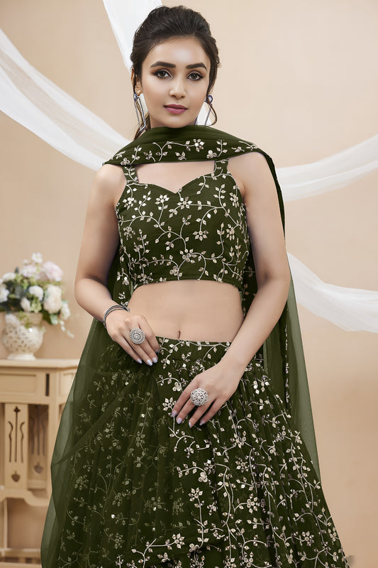 Elegant Olive Green Georgette Designer Lehenga Choli with Embroidery Work and Matching Dupatta