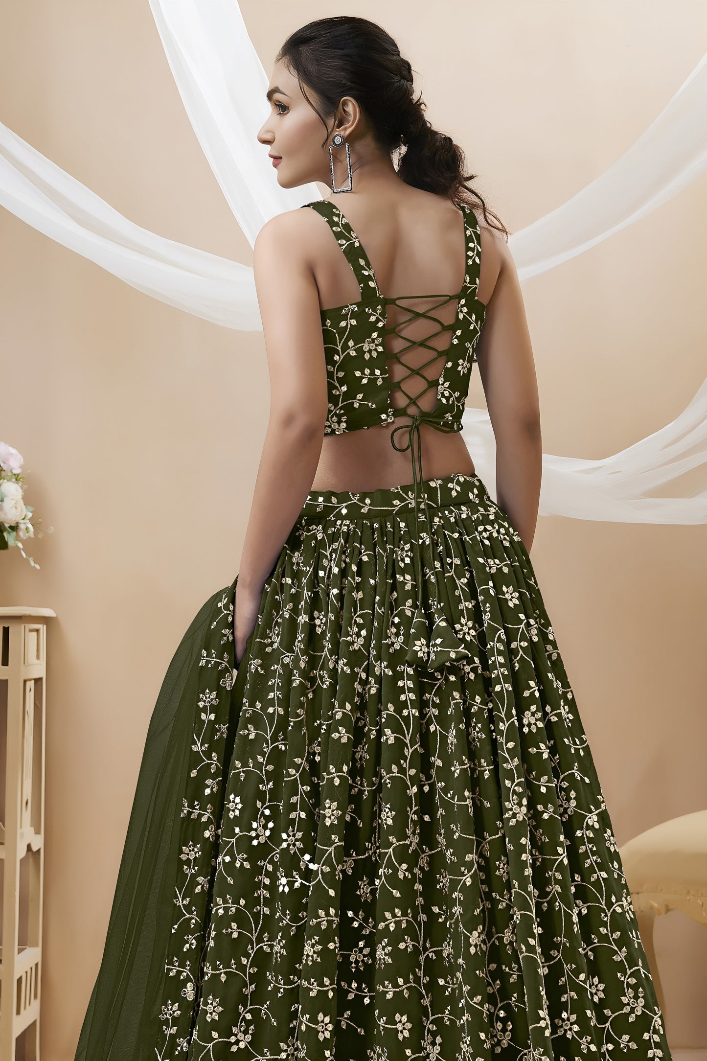 Elegant Olive Green Georgette Designer Lehenga Choli with Embroidery Work and Matching Dupatta