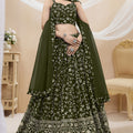 Elegant Olive Green Georgette Designer Lehenga Choli with Embroidery Work and Matching Dupatta