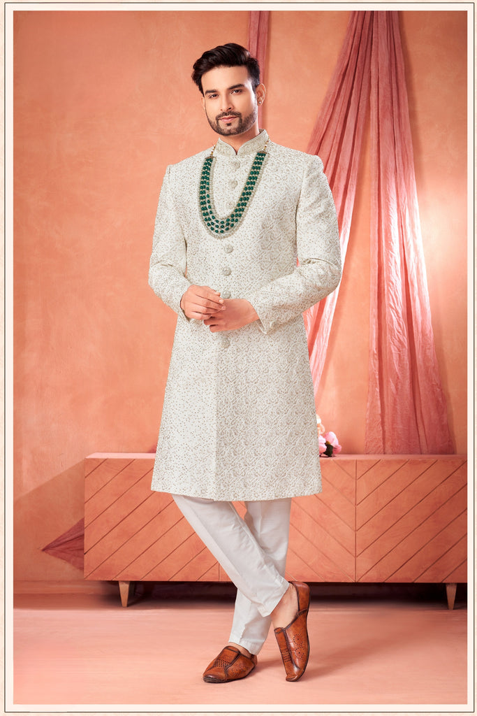 Premium Off-White Art Silk Heavy Embroidered Sherwani for Men with Pyjama for Wedding