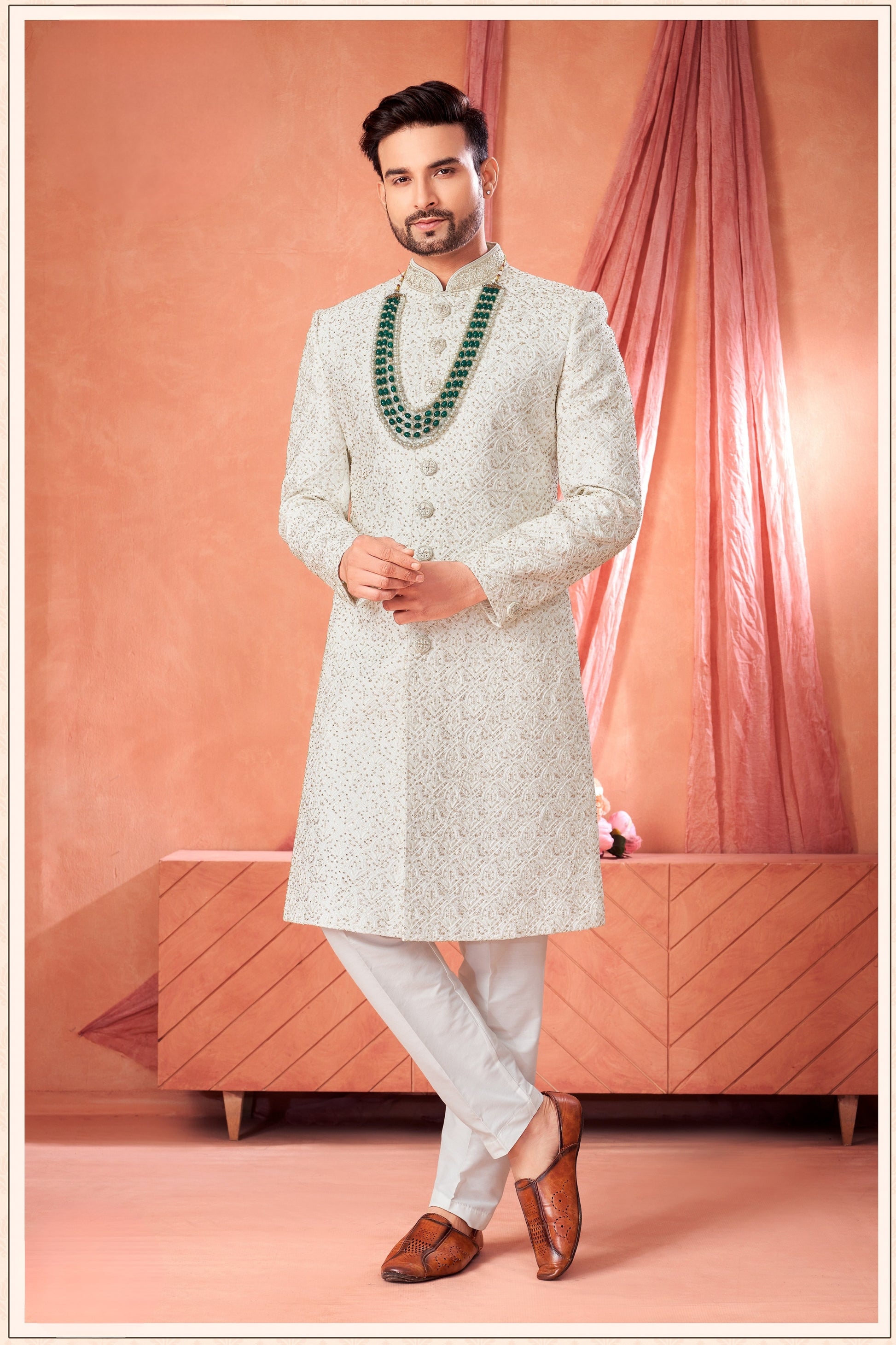 Premium Off-White Art Silk Heavy Embroidered Sherwani for Men with Pyjama for Wedding