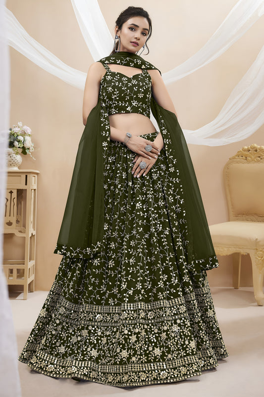Elegant Olive Green Georgette Designer Lehenga Choli with Embroidery Work and Matching Dupatta